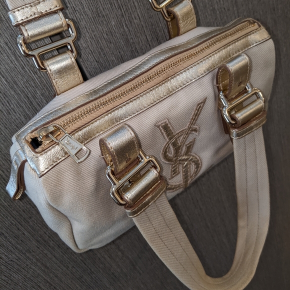 YSL: Metallic Mini Boston Kahala Canvas Leather Tote Shoulder Bag - Picture 13 of 16